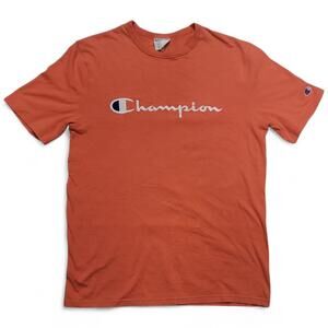 Champion Heavyweight T-Shirt Orange Size L, Embroidered Logo, Preloved, Stained